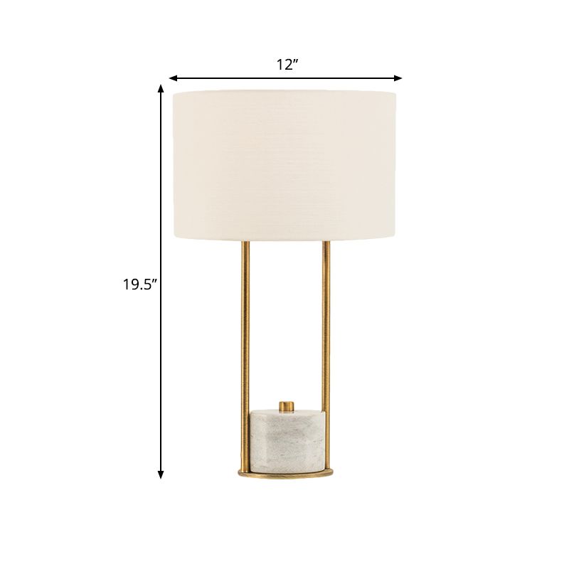 Cylinder Nightstand Lighting Modern Fabric 1 Head Bedroom Night Lamp in White/Beige with Marble Base