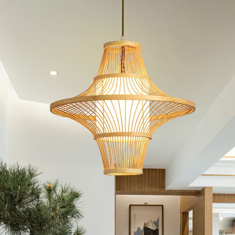 Symmetric Cage Bamboo Pendant Lamp Modern 1-Light Wood Pendulum Light for Restaurant