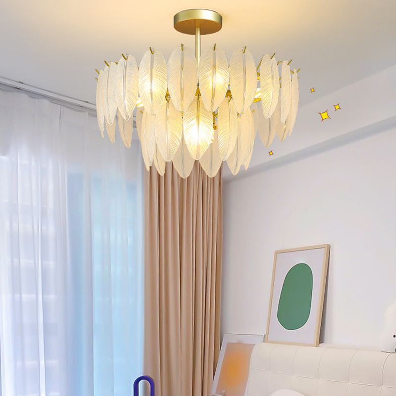 Gold Modern Metal Ceiling Light Feather Shape Island Lamp with Glass Shade for Living Room