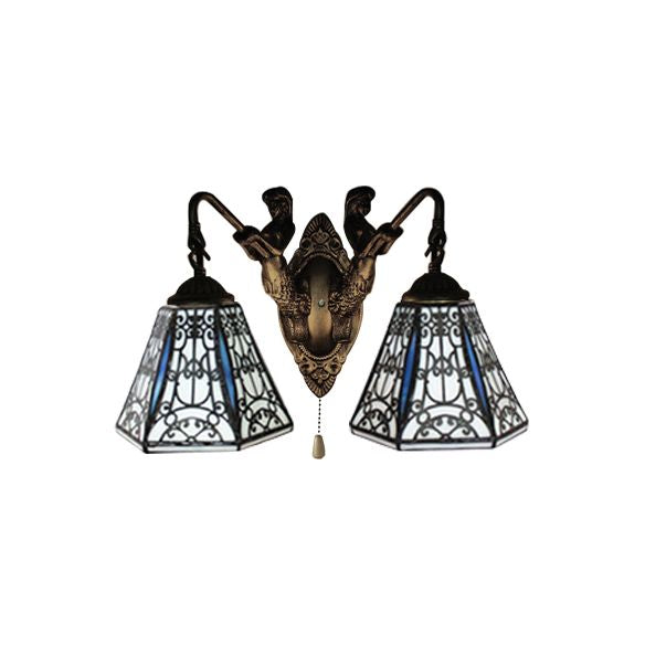 Flared Sconce Light Baroque Black-White Glass 2 Heads Antique Brass Wall Mount Light with Pull Chain