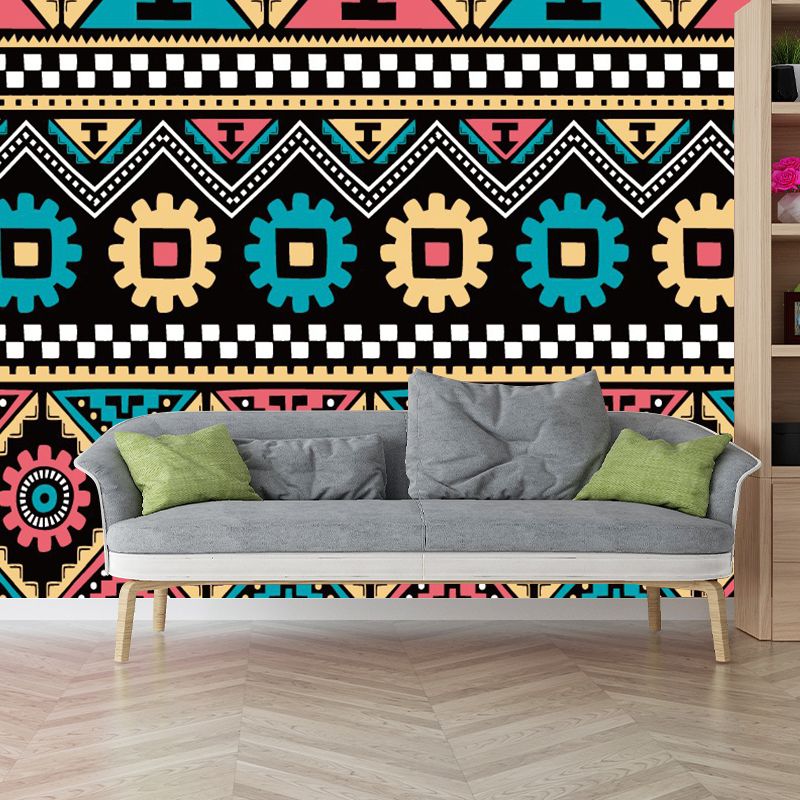 Seamless Tribal Stripe Mural Wallpaper Red-Yellow-Green Bohemian Wall Decor for Home