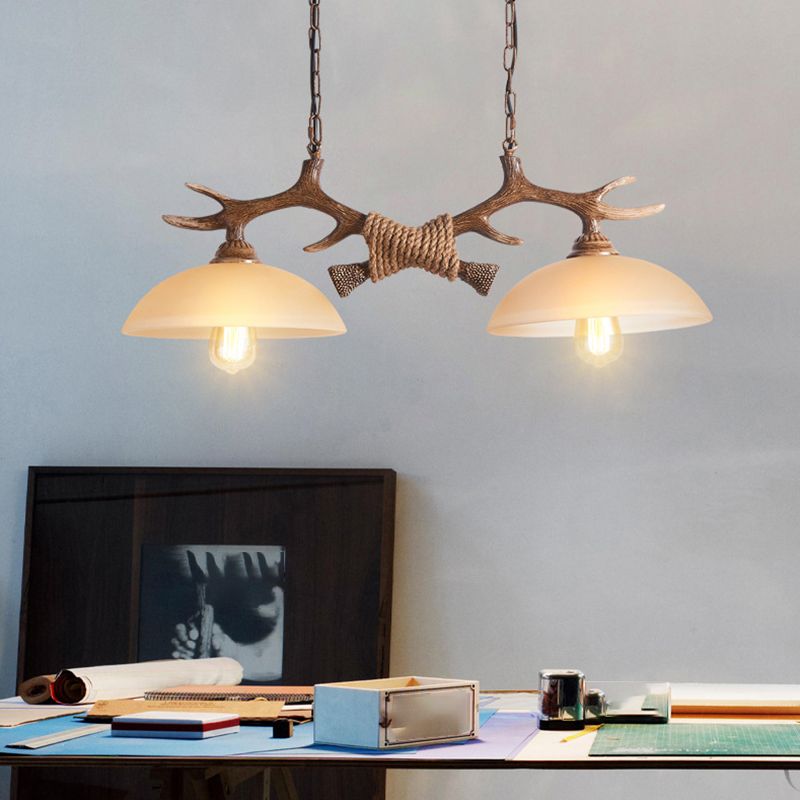 2 - Light Kitchen Island Light Wood & Dome Glass Shade Ceiling Pendant with Antlers Accent