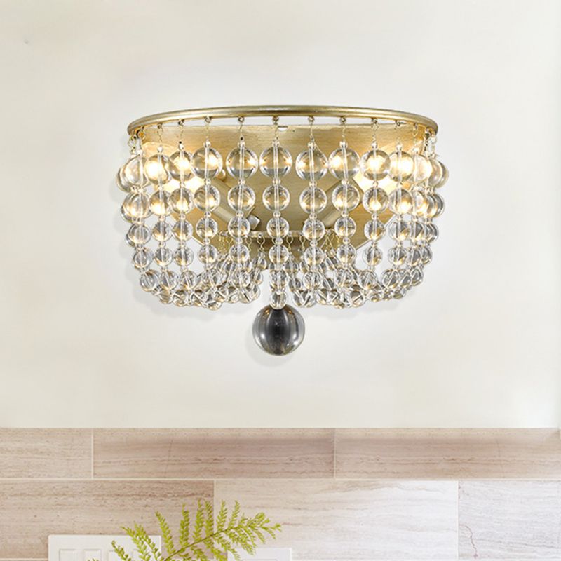 2-Bulb Wall Mounted Lamp Countryside Beaded Crystal Ball Wall Sconce Lighting in Gold for Living Room