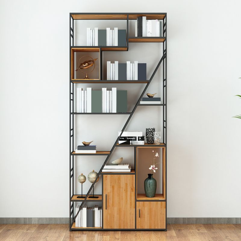 Metal and Wooden Shelf Bookcase with Doors Modern Bookshelf for Office