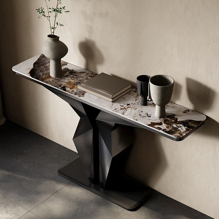 Stone Rectangle Console Table Glam 13.78" Wide Accent Table with Abstract Base