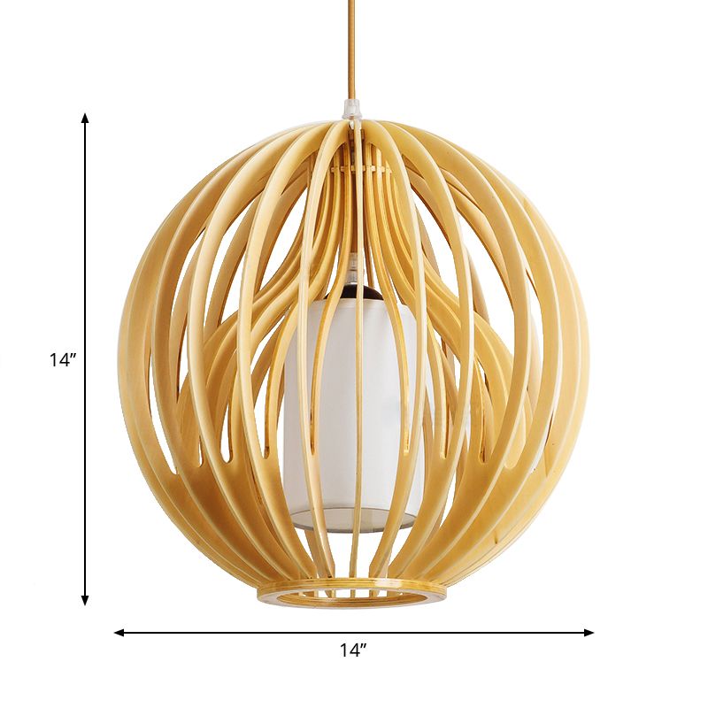 Lámpara colgante de orbes beige/hat contemporáneo 1 cabeza de madera de madera luz colgante para restaurante
