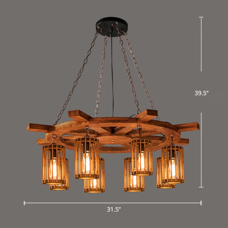 Farmhouse Cylindrical Cage Chandelier Light Wooden Hanging Lamp Kit for Dining Room