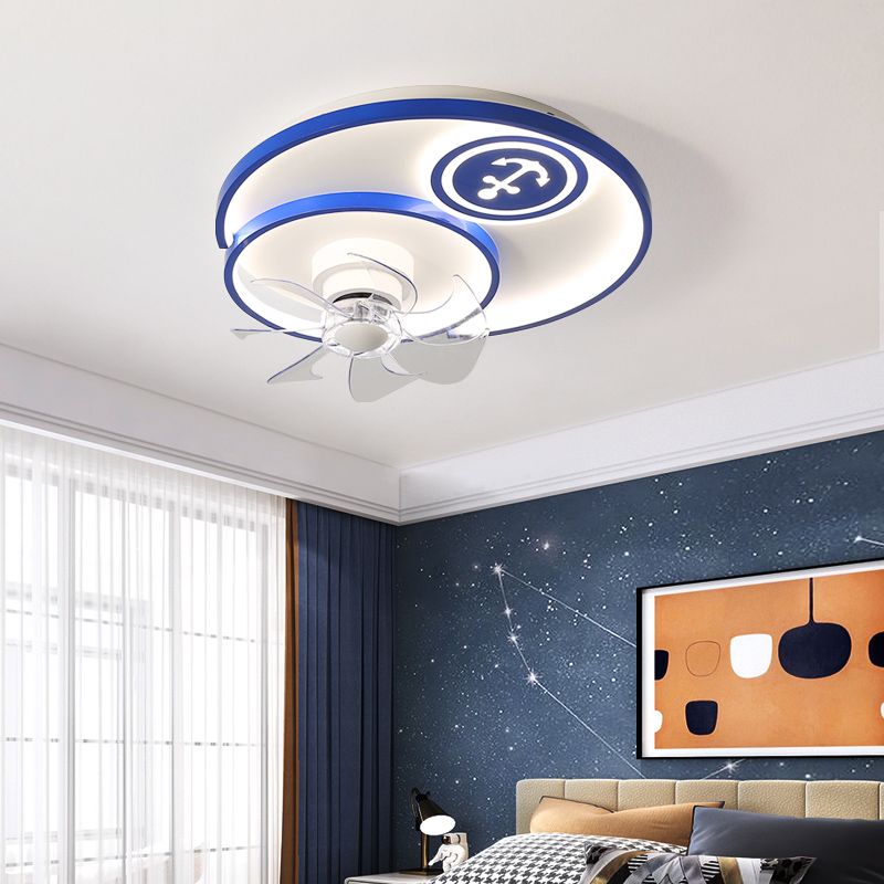 Cartoon Disc Shaped Flush Mount Fan Lamp Metal Boys Room LED Semi Flush Light