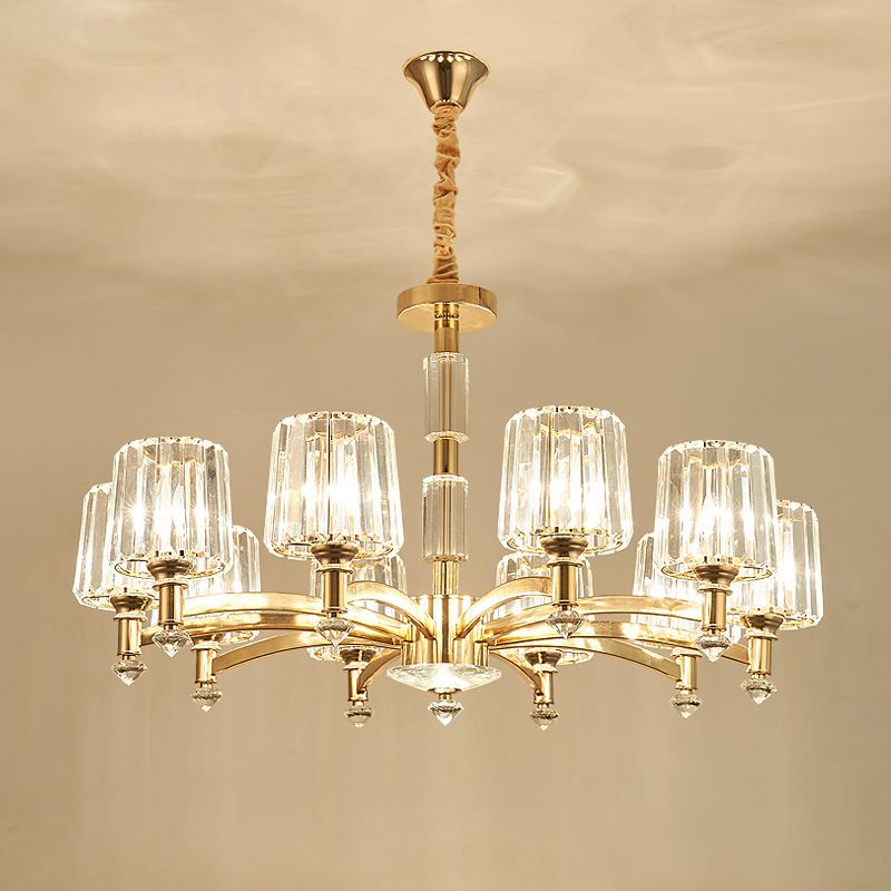 Cylindrical Living Room Chandelier Clear Crystal Modernism Hanging Light in Brass