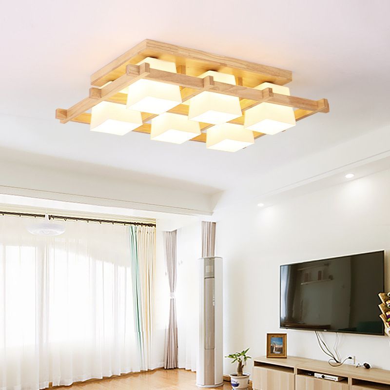 Geometrische Deckenleuchte in Holzfarbe im modernen, prägnanten Stil für den Innenbereich aus Holz mit Glasschirm