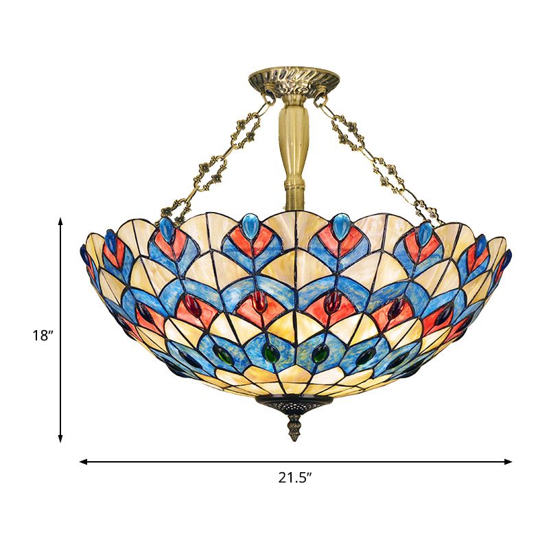 Buntglas antikes Messing halb Flush Mount Leuchte Juwelen 4 Lichter Tiffany Deckenleuchte