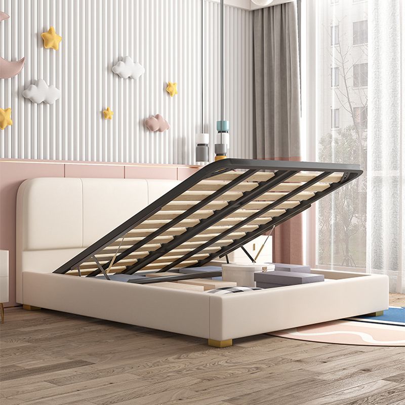 Glam Genuine Leather Bed Frame White Upholstered Low Profile Standard Bed