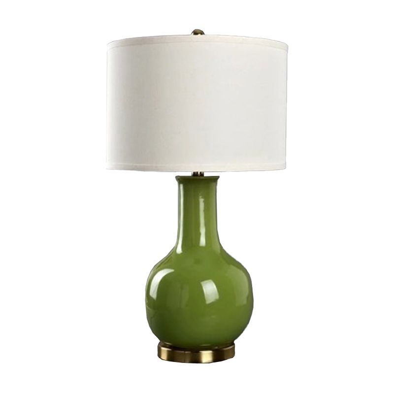 Drum Night Stand Light Modern Fabric 1 Head Living Room Table Lamp with Vase Ceramic Base in White/Red/Blue