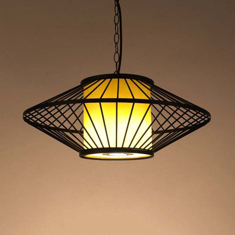 16"/19.5"/23.5" Wide Single Fabric Pendulum Pendant Simple Red/Yellow Cylindrical Ceiling Lamp with Black Iron Tapered Frame