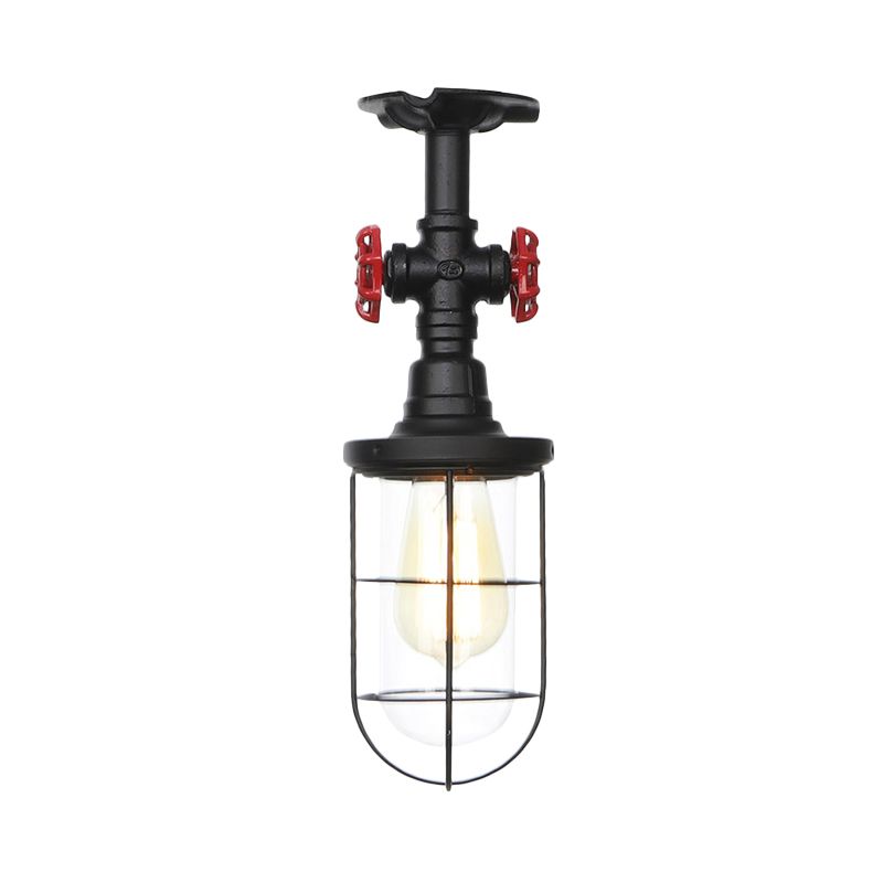 1-Bulb Clear Glass Semi Flush Mount Industrial Black Cage Balcony Ceiling Flush with Valve Deco