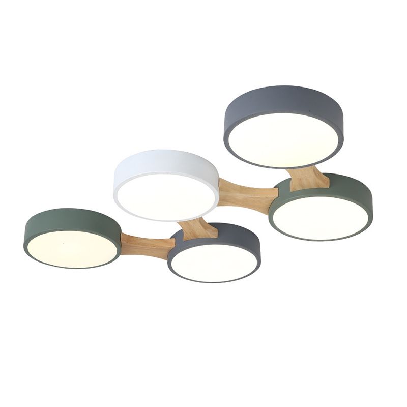 Ronde plafondlamp van hout en metaal, Scandinavisch 3/4/5-lichts grijs plafondverzonken plafond voor slaapkamer in warm/wit