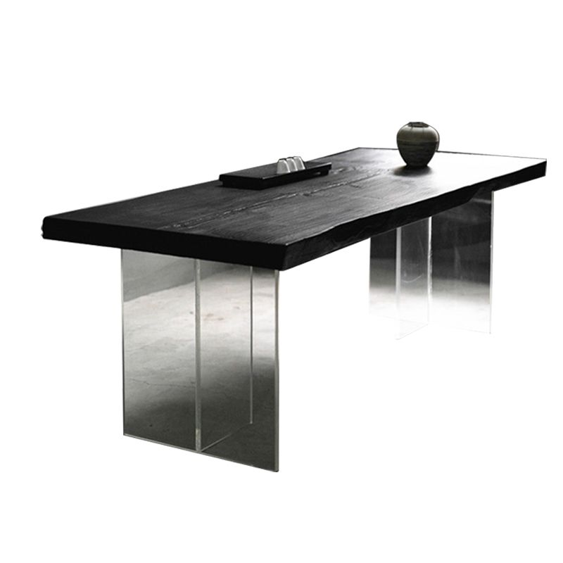 Pine Wood Top Dining Table Contemporary Rectangle Dining Table with Double Pedestal Base