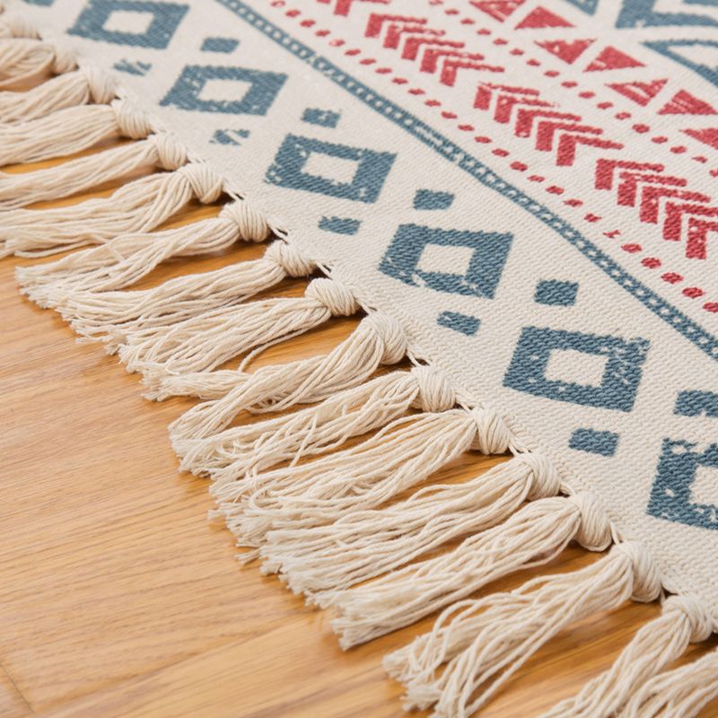 Bohemian Bedroom Rug Multi Color Geo Printed Area Rug Jute Pet Friendly Easy Care Stain-Resistant Carpet with Tassel