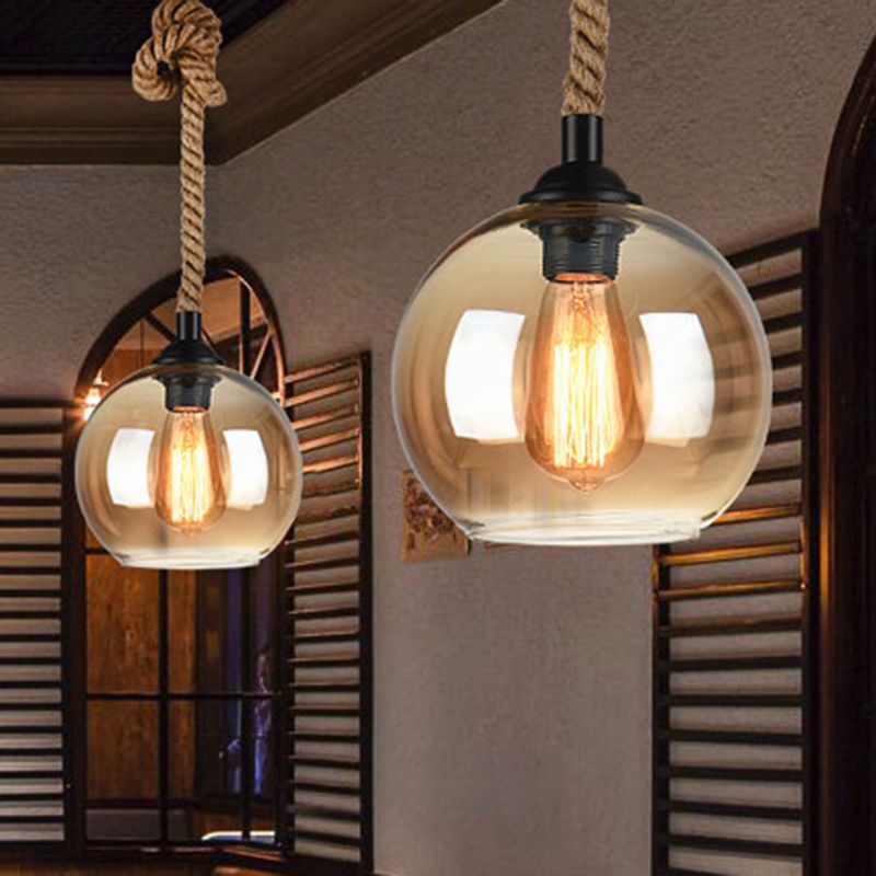 Amber/Clear Glass Ball Hanging Lighting Industrial 1 Head Restaurant Affermare lampada a sospensione con corda di corda