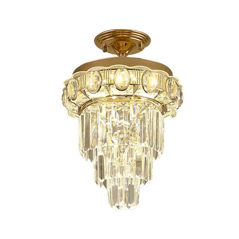Taper Corridor Ceiling Lamp Modern Clear Crystal Blocks Gold Finish LED Semi Mount Lighting