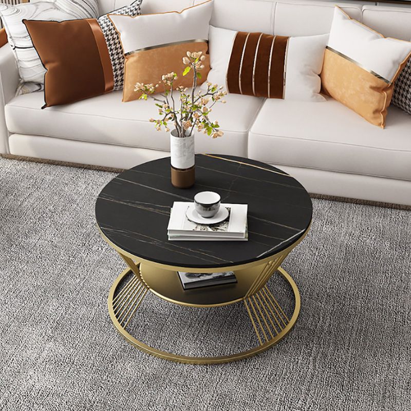 Glam Round Stone Top Coffee Table with Steel Shelf and Frame Base
