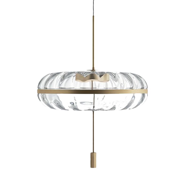 Clear Ribbed Glass Doughnut Pendant Post-Modern 1 Head Brass Hanging Light Fixture over Table