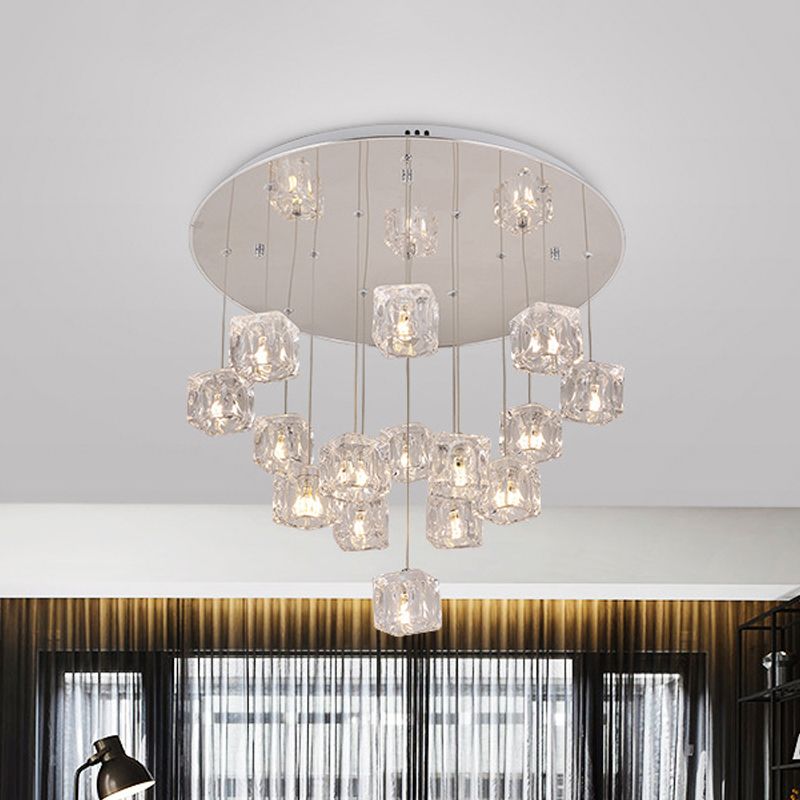 Clear Crystal Cube Multi-Pendant Modernist 15 Lights Silver LED Ceiling Suspension Lamp