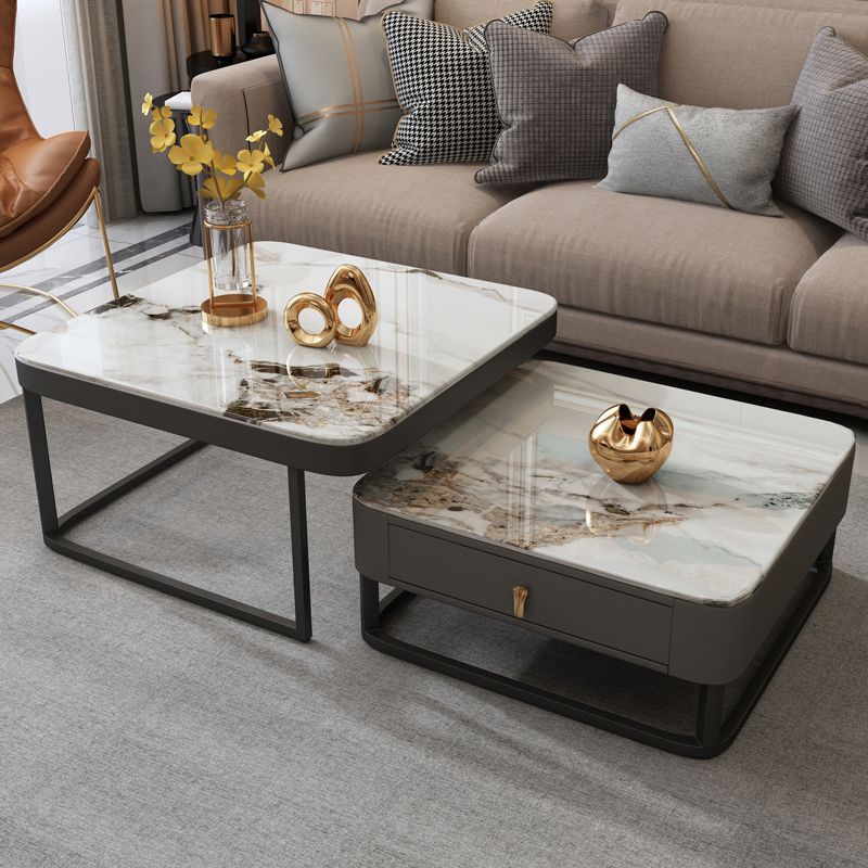 Coffee Table with a Framed Base and a Glass Top Made of Square Slate