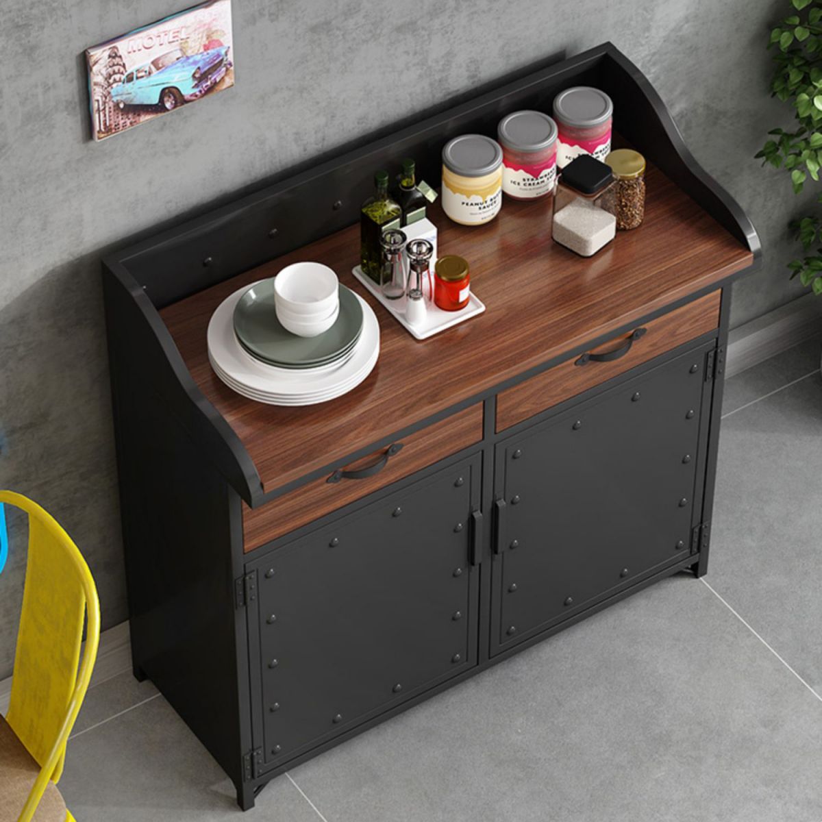 Contemporary Metal Dining Server Wood Countertop Server with Door and Drawers