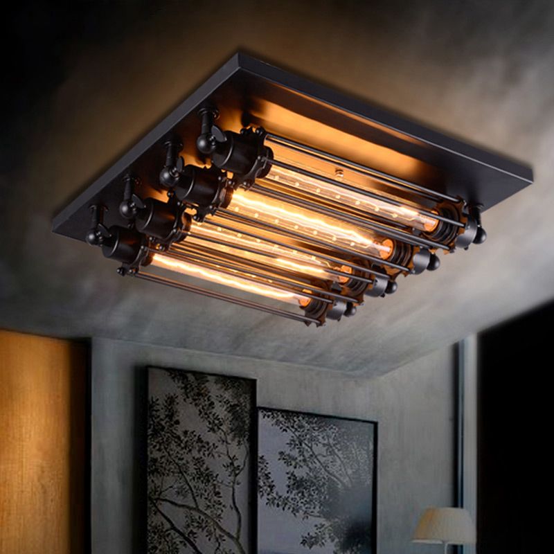Metal Tubed Cage Flush Mount Ceiling Light Farmhouse Style 4-Head Indoor Ceiling Lighting in Black