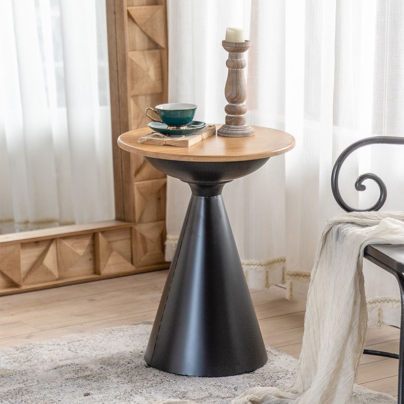 Round Solid Wood Top Coffee Table Iron Pedestal Cocktail Table