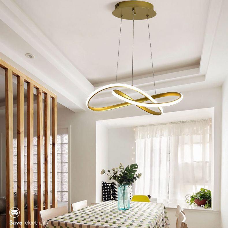 Moderne minimalistische stijl LED -lijn kroonluchter witte acryl schaduw aluminium onregelmatig gebogen hanglicht voor eetkamer