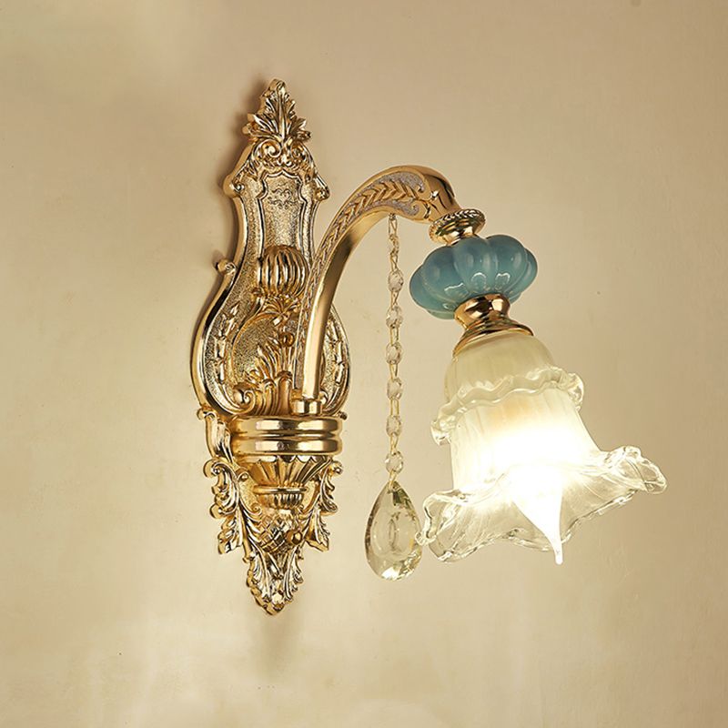 Glass Gold Wall Mount Light Ruffle Flower Retro Wall Lighting with Crystal Draping