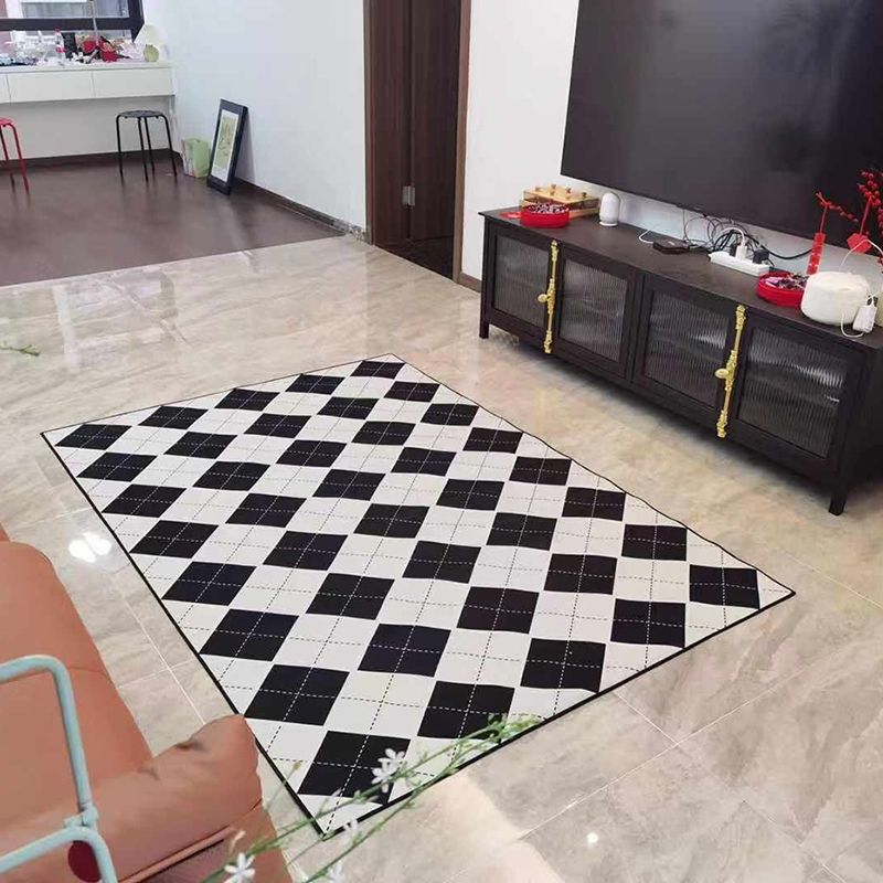 Sapphire Blue Modern Rug Polyester Grid Rug Washable Rug for Living Room