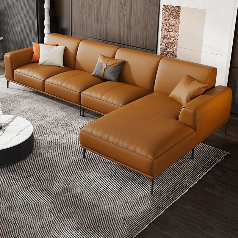 Tan Genuine Leather Sectional/Sofa Square Arm Sectional for Apartment