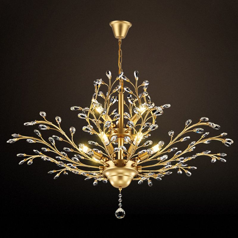 Country Style Foliage Chandelier Metal Suspension Light with Crystal Decor in Gold