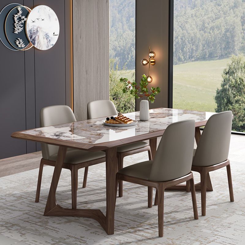 Modern Brown Finish Legs Dining Site Table Stone Top Double Pedestal Table