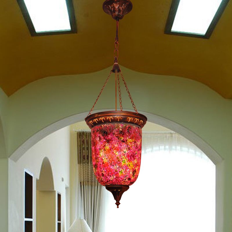 Cut Glass Red Hanging Light Urn 1 Light Vintage Down Lighting Pendant for Hallway
