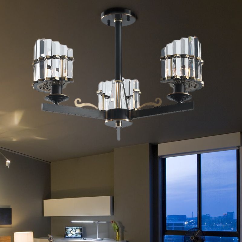 Modernismo Sputnik Luz colgante 3/6/8 Cabezas de la barra de cristal de tres lados Candelier en negro/latón