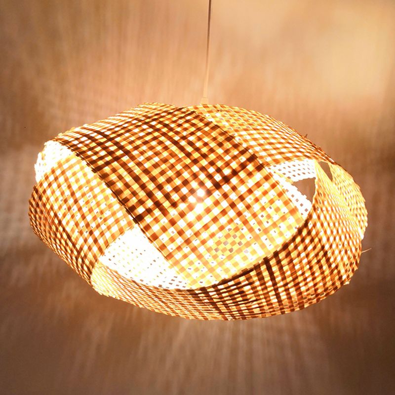 Coffee Shop Drum Hanging Light Bamboo Weaving Antique Style Single Light Pendant Light in Beige