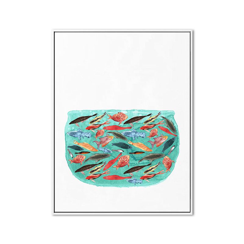 Cartoon Kids Art Print Fish in Aquarium Green Canvas for Living Room, Multiple Sizes Available