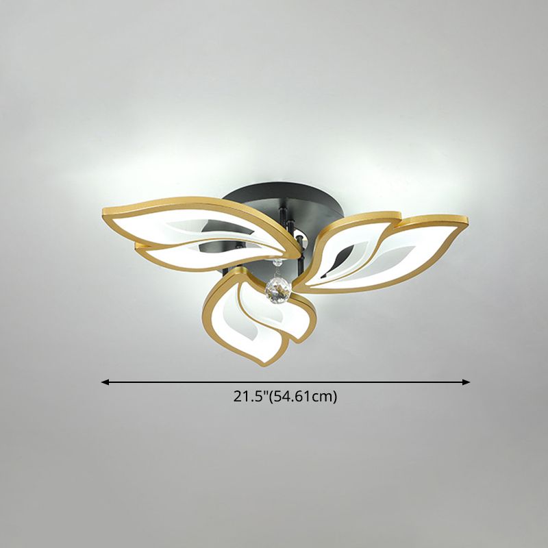 Gold Finish Flower Ceiling Lighting Contemporary LED Metal Semi Flush Mount with Crystal Ball