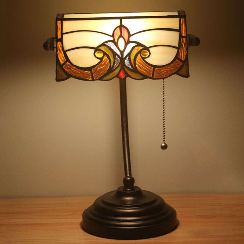 Bronze Rollover Shade Night Lamp Victorian 1 Light Stained Art Glass Table Light with Pull Chain