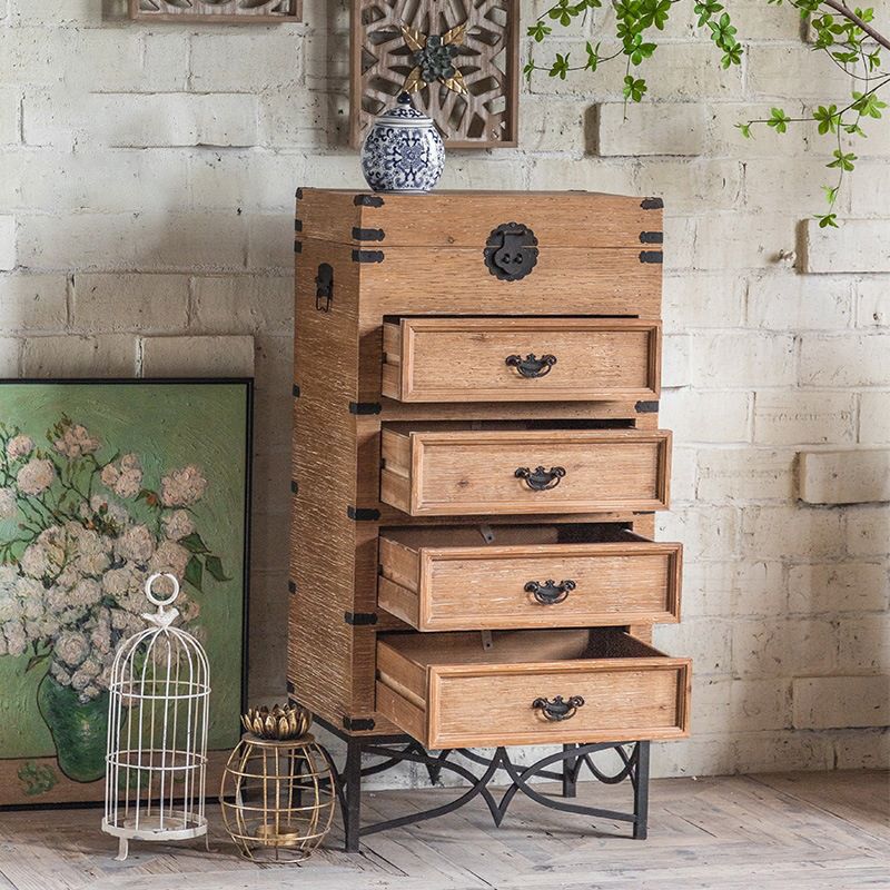 Brown Accent Cabinet Wood and Metal Chest with Storage Drawers
