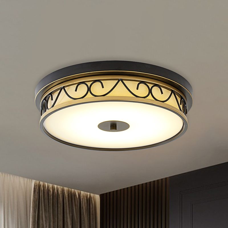 LED Drum Flush Mount Lamp Traditional Black Frosted Glass Ceiling Mounted Light for Living Room