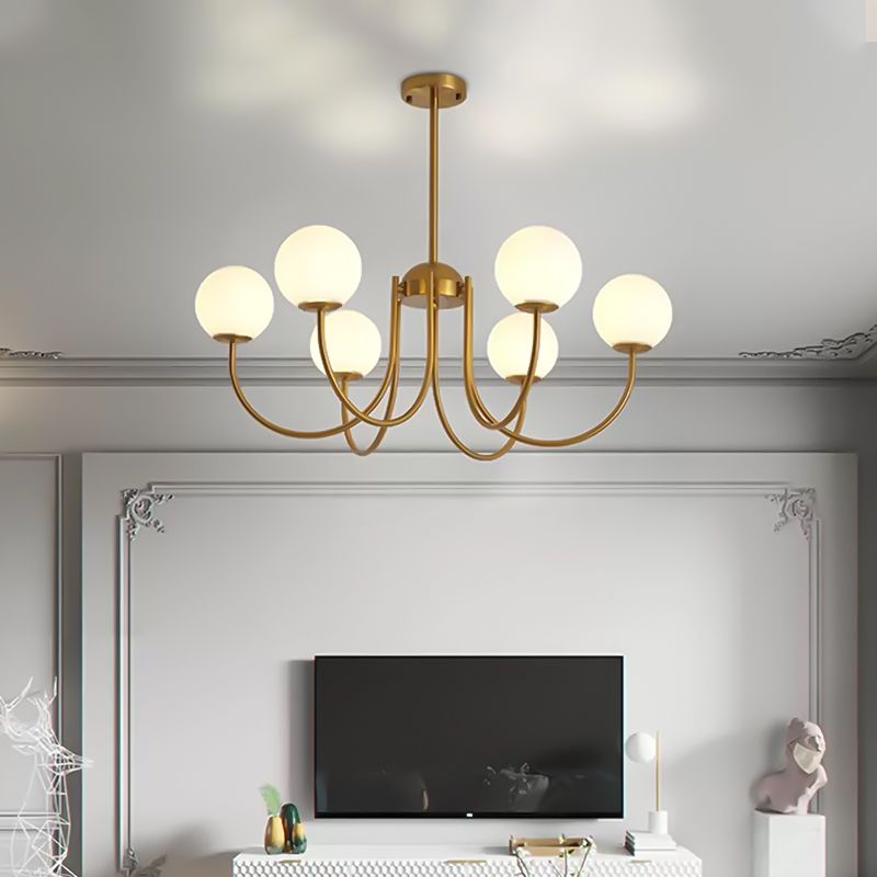 6 Köpfe Wohnzimmer Kronleuchter Lampe Modernes Goldhänge -Licht -Kit mit Kugelmilchglas Schatten