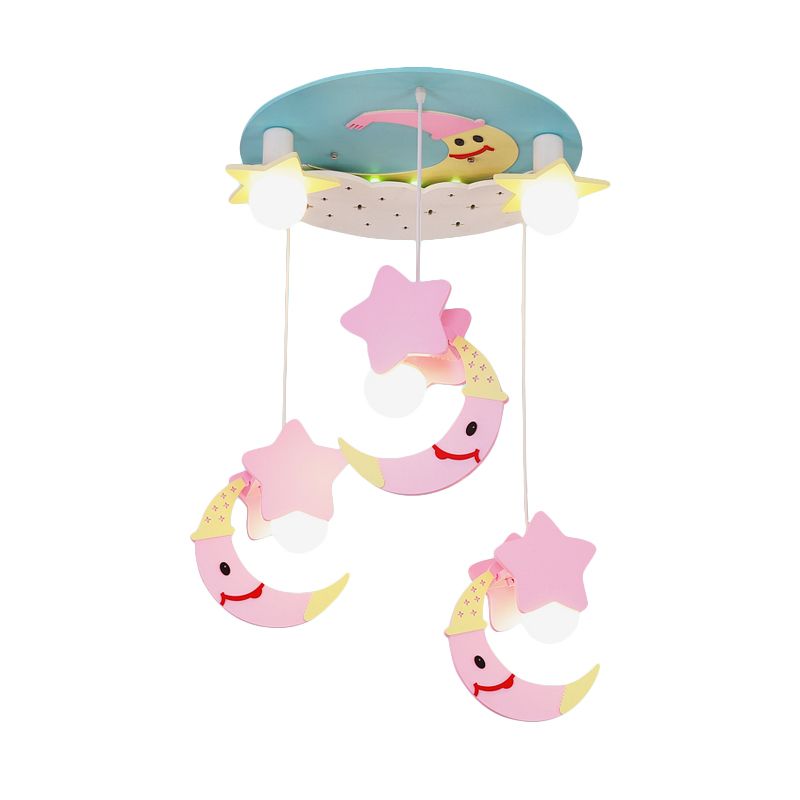 Moon and Star Wood Semi Flush Mount Cartoon 5 Lights Blue/Pink Finish Flush Ceiling Lighting