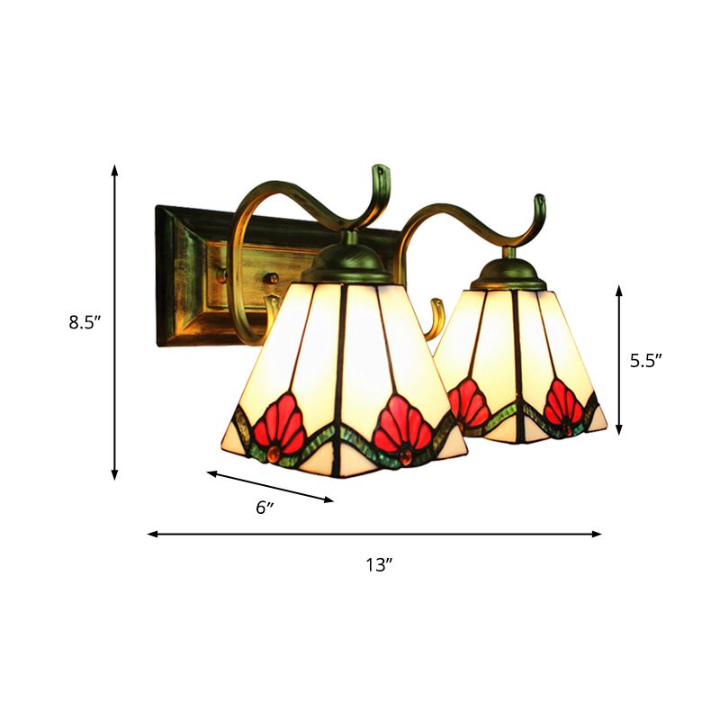 Craftsman Pyramid Wall Sconce Stained Glass 2 Lights Art Deco Wall Lighting with Rectangle Backplate for Bathroom