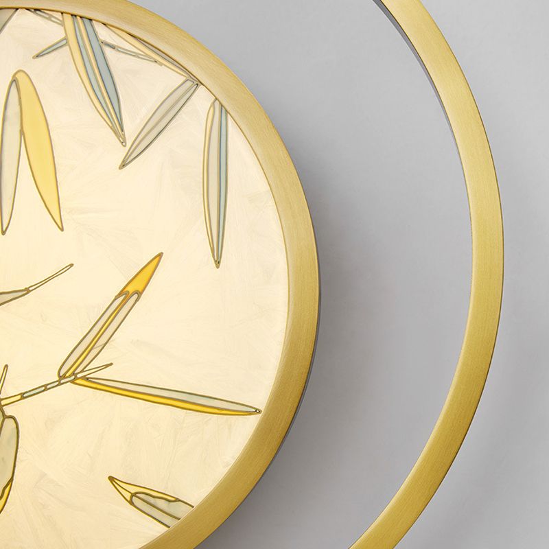 1 Light Metal Wall Mounted Light Traditional Brass Round Tea House Sconce with Leaf Pattern