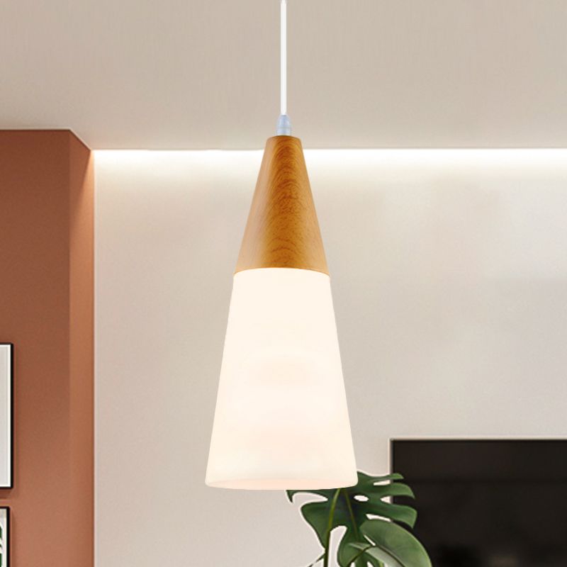 White Glass Cone Hanging Light Modern 1 Light Pendant Light Fixture with Wood Cap